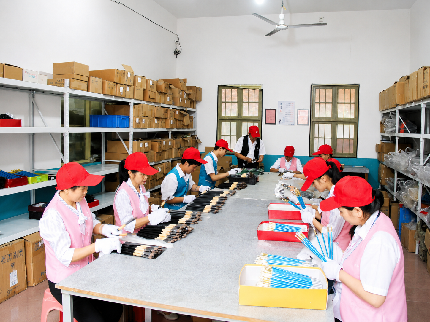 Workers assembling custom artist brushes in HECHUNZI brush manufacturing workshop