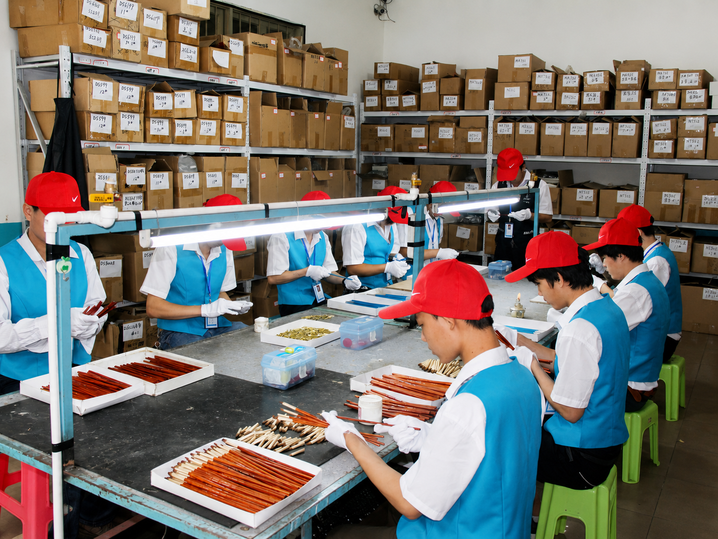 HECHUNZI brush production and storage area with workers assembling artist brushes and brush components