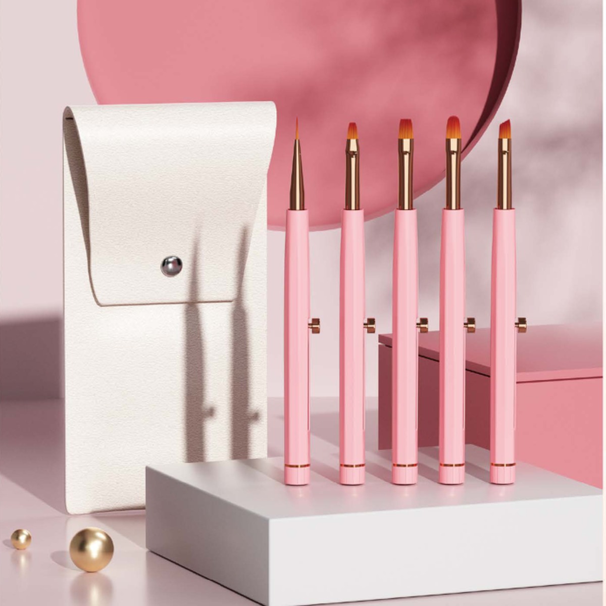 Pink retractable nail brush set with pouch by HECHUNZI