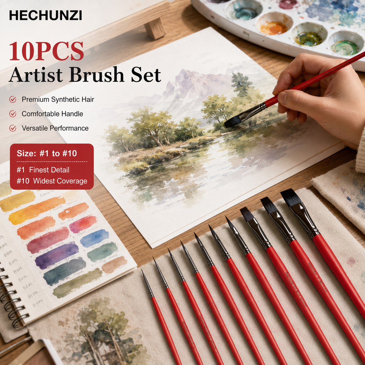 Red 10-piece artist brush set by HECHUNZI
