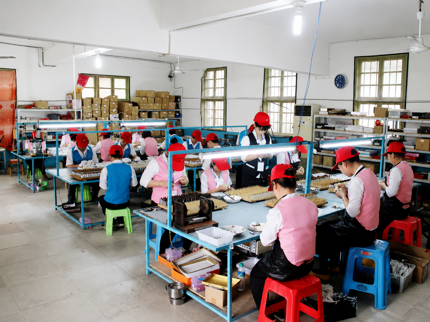 HECHUNZI brush production workshop with workers assembling custom artist brushes